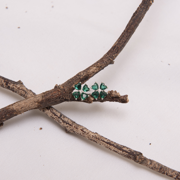 Brinco Trevo 4 Zircônias Coração Verde Esmeralda 7 mm