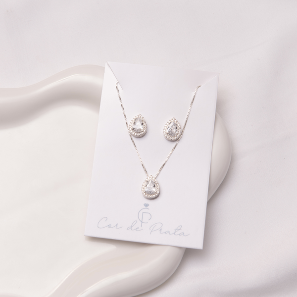 Conjunto Luxo Galeria Zircônia Gota 4 Garras c Moldura Crav Cristal 1,0 cm