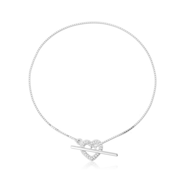 Pulseira V15 Coração Vazado Crav Cristal c Trava Palito Fio Quadrado