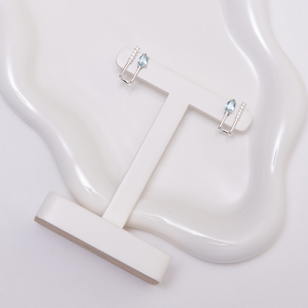 Brinco 2 Aros Zircônia Gota Azul Claro e Traço Crav Cristal