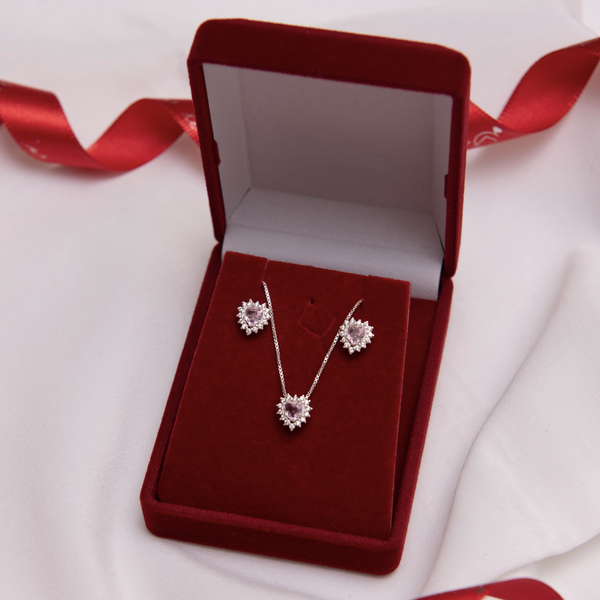 Conjunto Zirconia Coração Rosa Claro c Moldura Crav Cristal Pontuda 