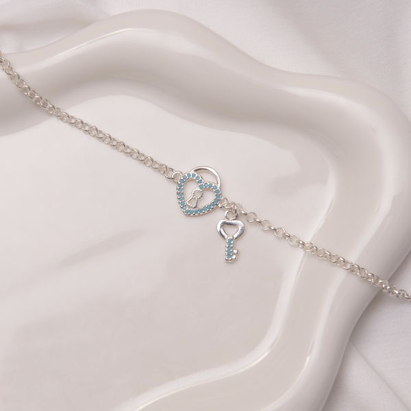 Pulseira Elo Port Entremeio Coração Crav Azul Bebê Fechadura e Chave Crav Pend