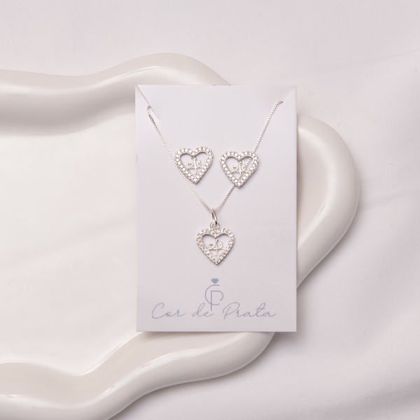 Conjunto Coração Fé Liso Central c Moldura Crav Cristal 1,2 cm