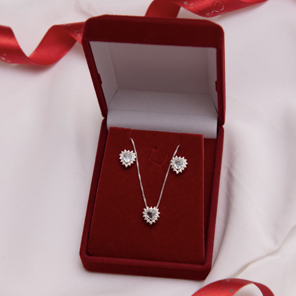 Conjunto Zirconia Coração Acqua c Moldura Crav Cristal Pontuda 