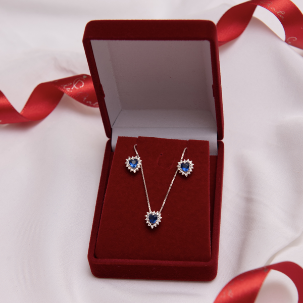 Conjunto Zirconia Coração Azul Escuro c Moldura Crav Cristal Pontuda
