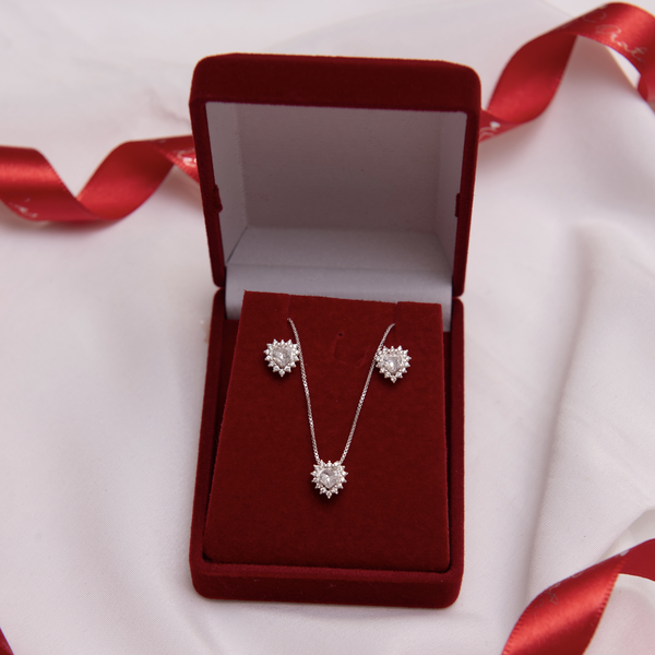 Conjunto Zirconia Coração Cristal c Moldura Crav Cristal Pontuda